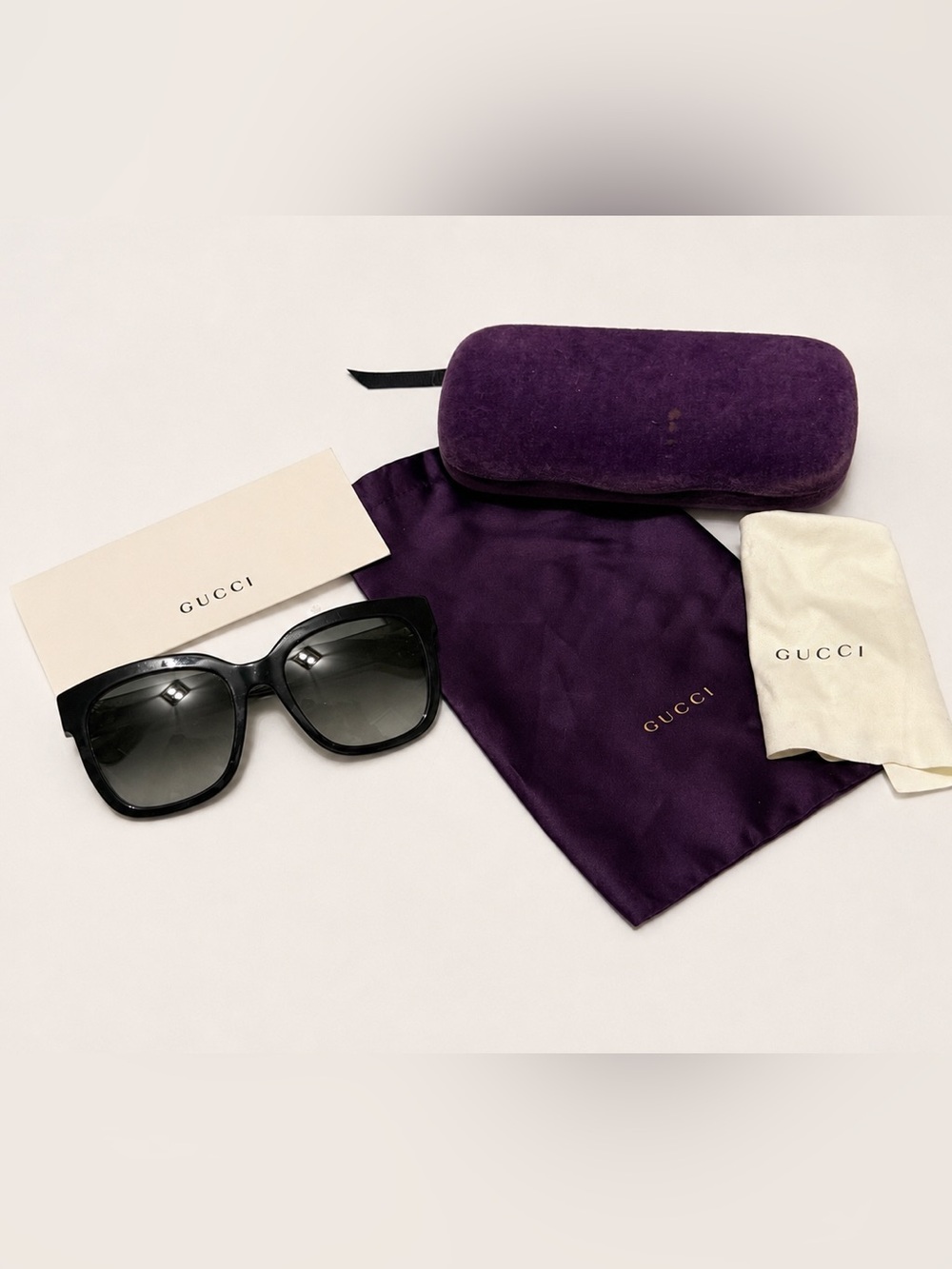 Gucci Black Oversized Square Sunglasses with Purple Case, Dust Bag, & Dust Cloth
